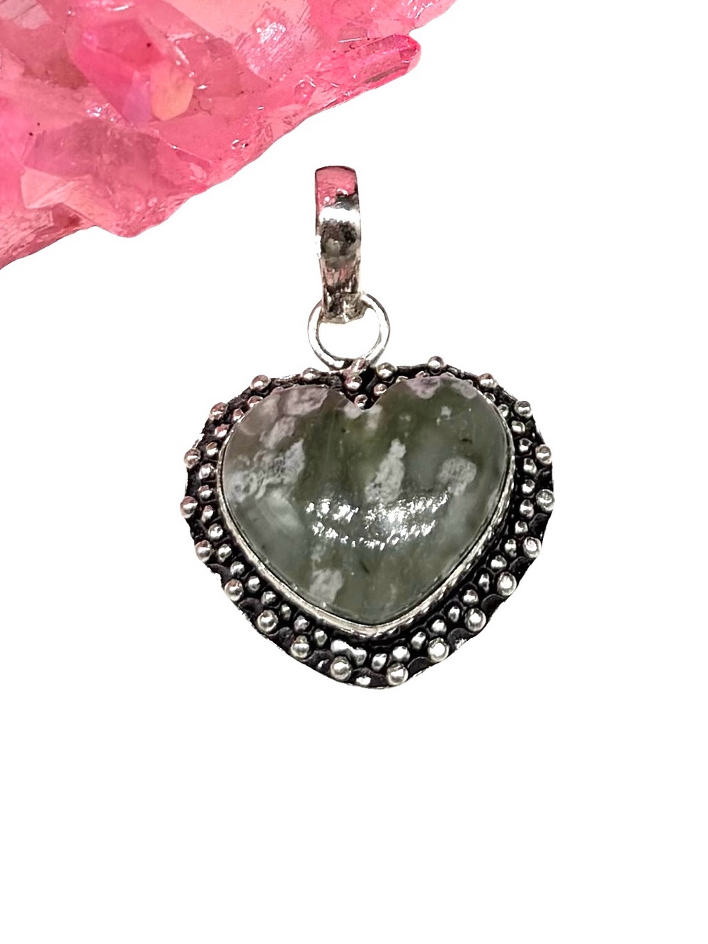 Peace Jade Heart Shaped Necklace Pendant 925 Sterling Silver Overlay